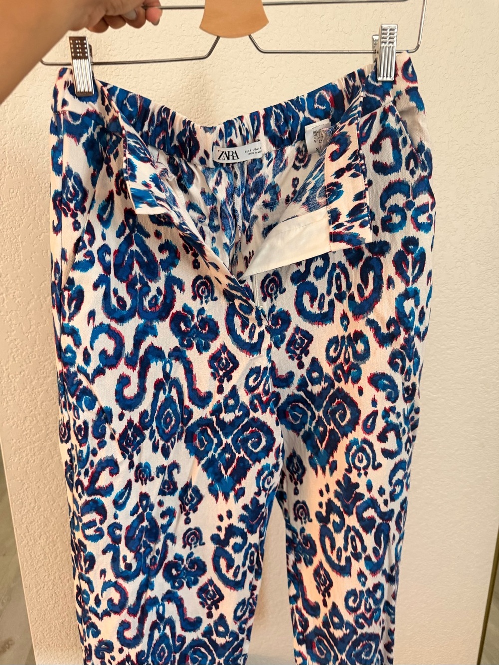 Zara White Pants with Blue & Pink Ikat Print